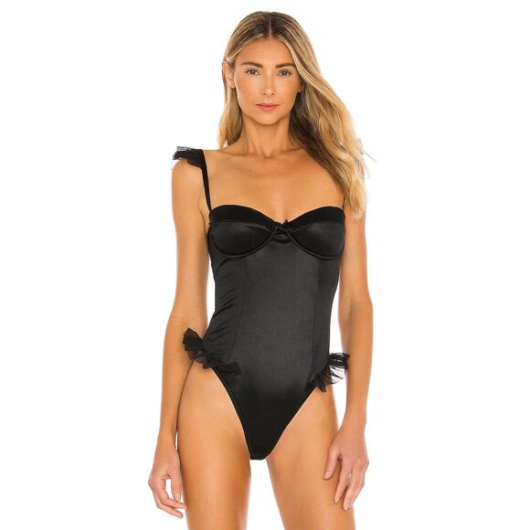 OW Intimates Sadie Bodysuit M Black Caviar Underwire Thong Ruffle Satin NWD NWT - Picture 1 of 12